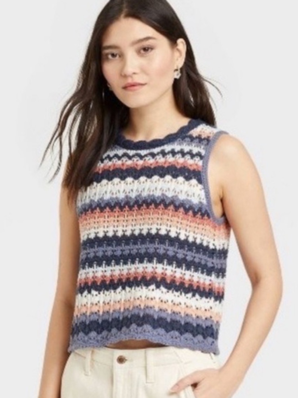 Soft Girl Universal Thread Crochet Knit Sleeveless Sweater Tank Striped Small